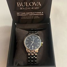 $325 Mrp| Bulova 96b338 Men's Sutton Stainless Steel Bracelet Watch (Size 21cm 8.27") New With Tag In Box See Our Photos For Details. Description: Stainless Steel Case And Bracelet With A Blue Dial Featuring A Calendar Window At The Six O’clock Postion. Domed Mineral Crystal. Deployant Buckle. Model 96b338 Movement 9u13 Technology Quartz A Movement Powered By A Battery. The Quartz Crystal Regulates The Time Achieving Accuracy To 15 Seconds A Month. Case Width (Mm) 40 Lug Width (Mm) 20 Dial Blue Formal Stainless Steel Watches With Date Display, Bulova Mens Watches, Gold Diamond Watches, Gold Watch Men, Mens Gold, Gold Case, Diamond Watch, Silver Accents, Stainless Steel Watch