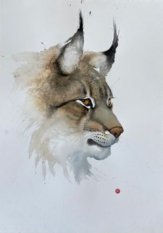 a watercolor painting of a wolf's head with brown and white fur on it