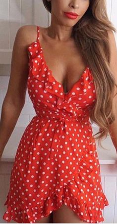 $49.90 -  Red Polka Short Summer Dress sleeveless With Deep V-Neck, knot and ruffles on the bottom. For elegant ladies, teens and feminine women. Perfect for summer day outfit. Polka Dot Summer Dresses, Red Polka Dot Dress, Boho Fashion Summer, Feminine Women, Short Summer Dresses, Elegant Ladies, Vestidos Vintage, Vestido Casual, Dress For Short Women