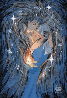 an illustration of two people hugging each other with stars in the sky above them and behind them