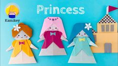 three paper dolls are standing in front of a blue background with the words princess on it