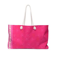 "XOXO Hot Pink Gingko Biloba Tote Bag, Valentine Tote Bag, Everyday Tote Bag Our oversized Weekender Tote is perfect for your weekend at the beach or in town. The wide-mouthed, durable bag holds a generous amount of personal items and is easily held by its thick rope handles. Hot Pink is the trend this summer. A subtle pattern on Gingko leaves with the XOXO stripes on the side mixing a traditional motif with youth.  .: One size: 24\" x13\" (60.9 cm x 33 cm) .: 100% Spun Polyester .: T-bottom .: Cream sheeting interior lining .: Size tolerance 0.75\" (1.9 cm)) .: Assembled in the USA from globally sourced parts" Pink Weekend Bag With Removable Pouch, Pink Weekend Shoulder Bag, Pink Rectangular Canvas Bag For Weekend, Pink Rectangular Beach Bag For Weekend, Pink Rectangular Travel Bag As Gift, Pink Rectangular Travel Bag For Gift, Large Capacity Rectangular Pink Weekender Bag, Weekend Large Capacity Pink Bag, Pink Rectangular Travel Bag For Weekend