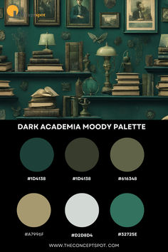 Green hued shelves filled with book stacks, lamps and picture frames all giving a dark academia vibe. Colour Palette Dark Academia, Color Palette Academia, Dark Green Black Color Palette, Eclectic Dark Academia, Green Academia Color Palette, Dark Academia Goodnotes, Dark Academia Bedroom Green, Slytherin Color Palette, Academic Color Palette