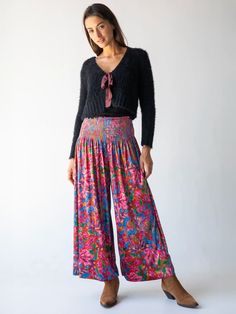 Make A Move Velvet Palazzo Pant - Pink Red Folk Floral-view 1 Elastic Waist Wide Leg Pants, Velvet Palazzo, Folk Floral, Palazzo Pant, Natural Life, Knit Pants, Palazzo Pants, Unisex Style, Pink Red