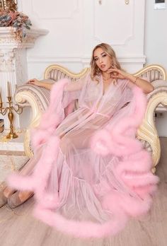 Pink Feather robe Luxury Bridal Long Dressing Gown Boudoir | Etsy Pink Feather Robe, Feminine Loungewear, Bridal Dressing Gown, Sheer Robe, Long Gown Dress, Pink Feathers, Pink Tulle, Feather Dress, Luxury Bridal