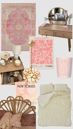 a collage of pink and white items including a bed, lamp, rugs, mirror, table