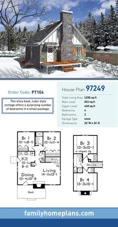 House Plan 97249 - Cottage, Country, Craftsman, Tudor Style House Plan with 1280 Sq Ft, 4 Bed, 2 Bath Cottage Bedrooms, Vacation House Plans, Small Cottage Homes, Cottage Style House Plans, Tudor Style Homes, Casas The Sims 4