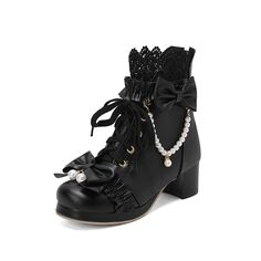 KYLETHOMASW - Women Lolita Ankle Short Boots Round Toe Kawaii Thick Mid Heels Zipper Bead Bow Lace-up Lady Cosplay Shoes Autumn Winter Thick Heel Boots, Modern Boots, Bow Boots, Cosplay Shoes, Black Heel Boots, Black Boots Women, Sweet Lolita, Pink Heels, Thick Heels