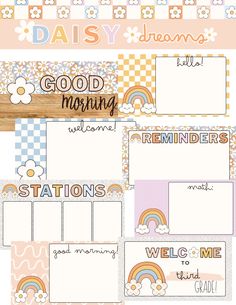 the daily planner with rainbows, clouds and flowers on it is shown in three different colors