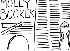 a drawing of a person standing in front of a newspaper with the words moly booker written on it