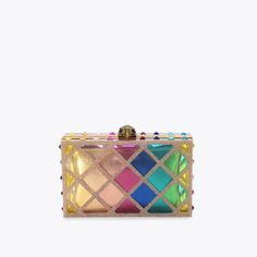 This Crystal Quilt Box Clutch features a stained glass effect acrylic shell reminiscent of the Kurt Geiger Oxford Street store. There are rainbow crystals across the exterior of the bag as well as an antiqued brass eagle head clasp closure.4.3in (H), 7in (L), 1.9in (D)Strap length: 47.6inOptional cross body chain strapInterior zipped pouch for important itemsCan fit phones up to 7inchesMaterial: SyntheticStyle number: 3592969999 Designer Multicolor Clutch For Party, Luxury Multicolor Pouch Clutch, Luxury Multicolor Pouch Evening Bag, Luxury Multicolor Bags For Events, Luxury Multicolor Event Bags, Multicolor Rectangular Box Bag For Party, Multicolor Rectangular Evening Bag For Events, Rectangular Multicolor Box Bag For Party, Luxury Multicolor Rectangular Clutch