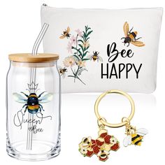 the bee happy gift set includes a mason jar, keychain, and pillow