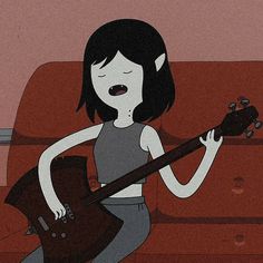 a cartoon girl playing an electric guitar on the couch