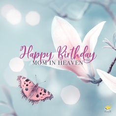 happy birthday mom in heaven card with pink flower and butterfly on blue boket background