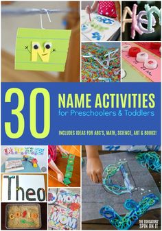 the cover of 30 name activities for preschoolers and toddlers with pictures of letters, numbers