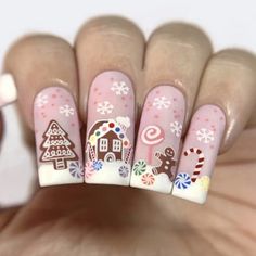 I Love These!! Pastel Christmas Press On Nail Kit In Long. Adorable Gingerbread Accents Nail Art Noel, Christmas Nail Art Easy, Holiday Nail Designs, Cute Christmas Nails, Christmas Nails Easy, Christmas Gel Nails, Christmas Nails Acrylic, Festival Nails, Xmas Nails