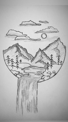 a drawing of a waterfall with trees and mountains in the background