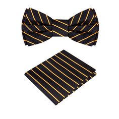 Black And Gold Perfect Stripe Bow Tie Introducing the ultimate accessory for the sophisticated gentleman - the black and gold pinstripe silk bow tie. This sleek and elegant bow tie is crafted from the finest silk and boasts a luxurious sheen that catches the light in all the right places, highlighting the subtle details of its classic pinstripe pattern. Available in both self-tie and pre-tied options, this bow tie is perfect for bow tie enthusiasts of all levels. The black and gold color scheme Types Of Bows, Tie Matching, Pinstripe Pattern, Gold Color Scheme, Silk Bow Ties, Black Tie Affair, Silk Bow, Silk Pocket Square, Gold Silk