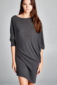 'Perfect Storm' Dress - This sophisticated off the shoulder dress is the perfect storm of sexy meets elegant, meets edgy. Why this is in out Top 10 list of wardrobe staples is because its versatility as both a dress and a long top! With 3/4 dolman sleeves and a boatneck, the tunic can be kept as simply dress. Pull it off one shoulder, add some heels and you have a great date dress. Available in Charcoal. 62% Polyester, 33% Rayon and 5% Spandex. Made in USA. Gray Dress For Fall Night Out, Gray Dress For Night Out In Fall, Chic Gray Short Sleeve Dresses, Gray Knee-length Dress For Day Out, Chic Gray Mini Dress For Day Out, Elegant Gray Dress For Day Out, Chic Gray Dress For Day Out, Gray Mini Dresses For Day Out, The Perfect Storm