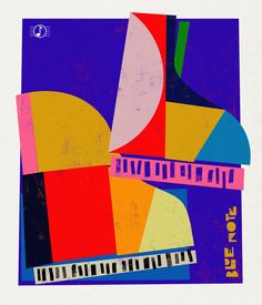 an abstract painting with piano keys and colors