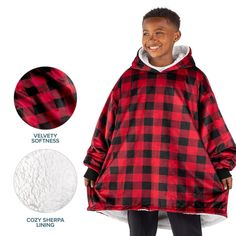 Snuggle up in our oversize fleece wearable blanket. With velvety minky fleece on the outside and fluffy soft fleece on the inside, you can stay warm and toasty while enjoying the ultimate in comfort. At 250 GSM, our wearable blanket hoodie is both lightweight and insulating - perfect for indoor or outdoor use. Generous wrist cuffs slide over hands (not too tight!) and an oversize hood keeps your ears warm. Dual side pockets are large enough to stash your goodies. It also makes a great gift.. Fleece Patterns, Plaid Hoodie, Sweatshirt Blanket, Winter Blankets, Blanket Hoodie, Hoodie Blanket, Wearable Blanket, Hooded Blanket, Black Fleece