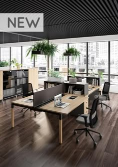 an office with wooden floors and desks in the middle, along with large windows