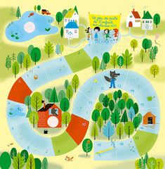 an illustrated map with people and animals in the park, on a yellow background that is surrounded by trees