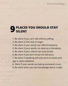 a poster with the words, 9 places you should stay silent on it's side