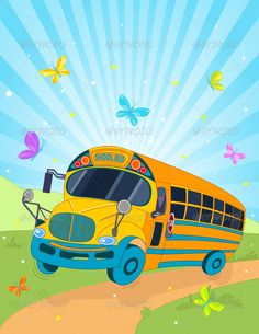 a yellow school bus driving down a road with butterflies flying around the sky behind it