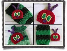 crocheted hats and diaper covers made to look like the very hungry caterpillars