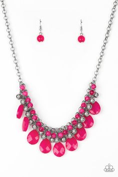 A row of cloudy pink beads gives way to a row of shiny silver beads. Brushed in an opalescent finish, pink teardrops cascade from the bottom of bold interlocking silver chains, creating a dramatically colorful fringe. Features an adjustable clasp closure.

Sold as one individual necklace. Includes one pair of matching earrings. Pink Jewels, Nickel Free Jewelry, Trending Necklaces, Silver Chains, Pink Necklace, Teardrop Beads, Teardrop Necklace, Pink Beads, Paparazzi Jewelry