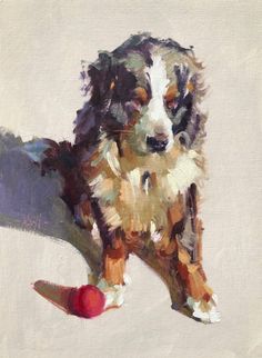 an oil painting of a dog with a ball in it's mouth and one paw on the ground