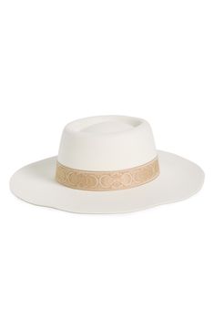 A wide brim and dented crown defines a classic boater hat crafted from felty fabric and finished with a novelty hat band. Textile Spot clean Imported White Flat Brim Felt Hat For Summer, White Wide Brim Felt Hat For Summer, Classic White Felt Hat For Summer, Elegant White Fedora With Flat Crown, White Western Boater Hat With Curved Brim, White Boater Hat With Flat Crown For Spring, White Flat Crown Fedora For Kentucky Derby, White Brimmed Felt Hat For Kentucky Derby, White Curved Brim Felt Hat For Beach