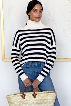 Knit Sweater With Contrast Stripes, Cotton Sweater With Horizontal Stripes For Winter, Winter Cotton Sweater With Horizontal Stripes, Winter Horizontal Stripe Cotton Sweater, White Long Sleeve Sweater With Horizontal Stripes, Winter Cotton Sweater With Striped Sleeves, White Striped Cuffs Top For Fall, Striped Cotton Sweater For Fall, White Tops With Striped Cuffs For Fall