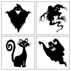 four black and white silhouettes of halloween cats