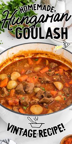 the recipe for this homemade hungarian goulash is ready to be eaten and served