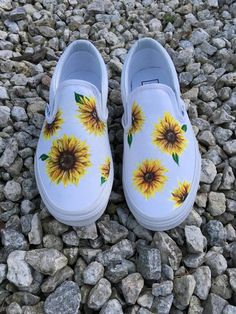 Custom Hand-painted Sunflower Vans Slip-On Shoes Vans Slip On Outfit, Vans Slippers, Sunflower Vans, Vans Slip On Shoes, Cute Vans, Vans Slip On, Small Tattoo, Painted Shoes