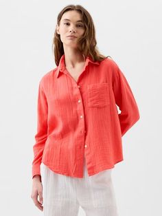 Gauze Big Shirt | Gap Factory Summer Long Sleeve Shirt With Buttoned Pockets, Long Sleeve Tops With Crinkle Texture For Daywear, Casual Long Sleeve Tops With Crinkle Texture, Casual Crinkle Texture Shirt For Spring, Long Sleeve Blouse With Crinkle Texture For Summer, Summer Long Sleeve Blouse With Crinkle Texture, Summer Long Sleeve Tops With Crinkle Texture, Long Sleeve Summer Tops With Crinkle Texture, Summer Long Sleeve Crinkle Texture Blouse