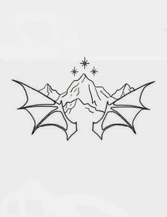 a black and white drawing of mountains with bats