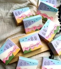 six soap bars with different designs on them