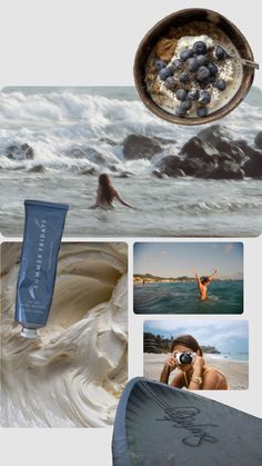 a collage of photos with an image of a person in the water and other items