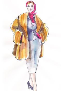 a watercolor drawing of a woman in a coat and skirt with a red scarf around her neck