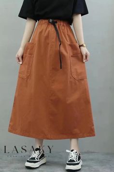 Lasaky - High-Quality Solid Color Casual A-line Skirt Featuring Elastic Waist and Convenient Pockets Casual Solid A-line Maxi Skirt, Casual A-line Skirt With Elastic Waistband, Casual A-line Maxi Skirt For Work, Casual A-line Maxi Skirt With Elastic Waistband, Casual A-line Bottoms For Fall, Orange Cotton Skirt For Fall, Casual A-line Maxi Skirt Solid Color, Casual A-line Maxi Skirt In Solid Color, Casual A-line Solid Color Bottoms