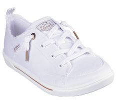 Easy-wearing classic style and comfort combine in BOBS from Skechers B Cute 2.0. This casual vegan design features a cotton canvas upper with frayed edge details, tied-off decorative laces, and a cushioned Skechers Memory Foam insole. For every BOBS purchase, a donation is made to animals in need. | Skechers Women's BOBS B Cute 2.0 Sneaker | Medium Width | Skechers Memory Foam cushioned comfort insole | Skechers No Tie Fit laces never come untied | Crafted with 100% vegan materials | No-Tie Fit Vegan Design, Skechers Memory Foam, Girls Gift Guide, Skechers Bobs, Shoe Technology, Lace Up Wedges, Size Chart For Kids, Shoes Flats Sandals, Skechers Women