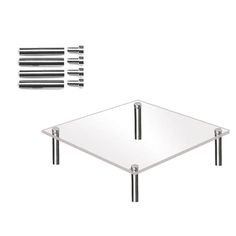 a glass table with four metal legs and six screws on the top, all in different sizes