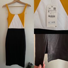 Soft And Stretchy Zara Dress In A Fun Yellow, Black And White Color Block. Back Slit, Midi Length. Tags On, Never Worn! Zara Gold, Zara Dress, Black And White Color, Black And White Colour, Zara Dresses, Yellow Black, Midi Length, White Color, Color Blocking