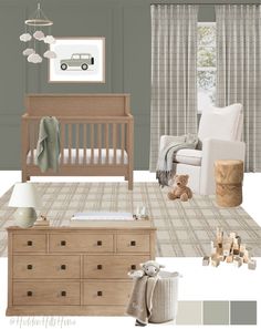 a baby's nursery room is shown with neutrals and green tones, including the crib