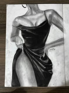 a pencil drawing of a woman in a black dress with her hand on her hip