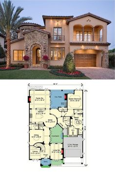 two story house plans with an open floor plan and large front yard area, in the middle