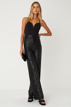 Dazzling Vision Black Sequin Sleeveless Wide-Leg Jumpsuit Formal Black Sequin Set, Black Sparkle Jumpsuit, Lulus Matellic Black Jumpsuit, Black Sparkly Jumpsuit, Black Glitter Jumpsuit, Black Dressy Jumpsuit, Classy Party Outfit, Black Sequin Jumpsuit, Jumpsuit For Wedding Guest